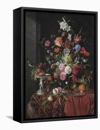 Flowers in a Glass Vase on a Draped Table, with a Silver Tazza, Fruit, Insects and Birds-Jan Davidsz de Heem-Framed Premier Image Canvas