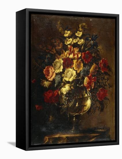 Flowers in a Glass Vase on a Rock-Juan de Arellano-Framed Premier Image Canvas
