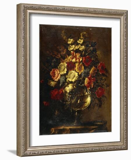 Flowers in a Glass Vase on a Rock-Juan de Arellano-Framed Giclee Print