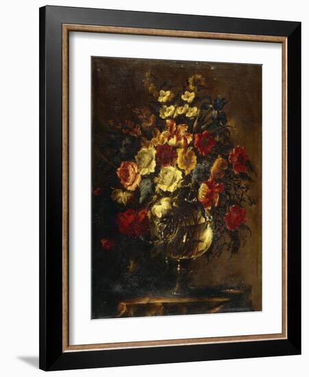 Flowers in a Glass Vase on a Rock-Juan de Arellano-Framed Giclee Print