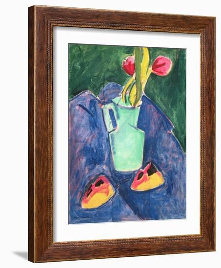 Flowers in a Green Vase on Purple Cloth (Oil on Canvas)-Alfred Henry Maurer-Framed Giclee Print