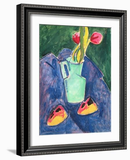 Flowers in a Green Vase on Purple Cloth (Oil on Canvas)-Alfred Henry Maurer-Framed Giclee Print