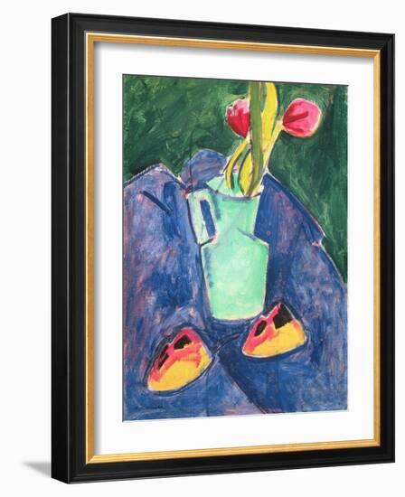 Flowers in a Green Vase on Purple Cloth (Oil on Canvas)-Alfred Henry Maurer-Framed Giclee Print