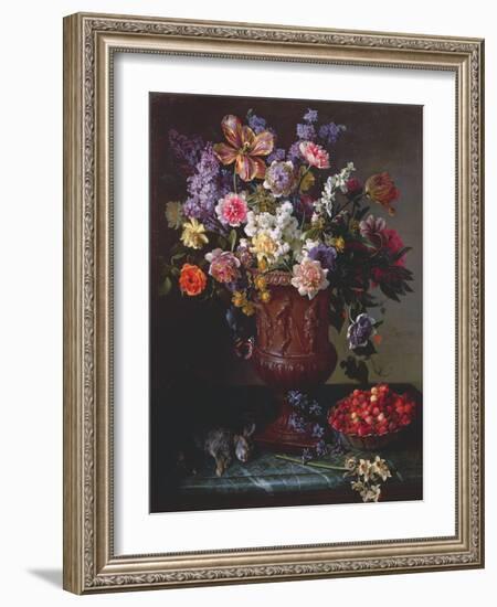 Flowers in a Sculpted Urn with a Bowl of Wild Strawberries and Hare on a Ledge, 1715-Alexandre-Francois Desportes-Framed Giclee Print