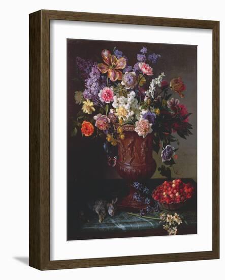 Flowers in a Sculpted Urn with a Bowl of Wild Strawberries and Hare on a Ledge, 1715-Alexandre-Francois Desportes-Framed Giclee Print