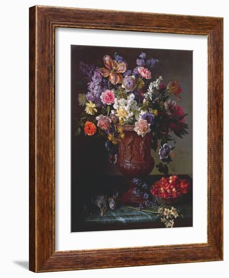 Flowers in a Sculpted Urn with a Bowl of Wild Strawberries and Hare on a Ledge, 1715-Alexandre-Francois Desportes-Framed Giclee Print