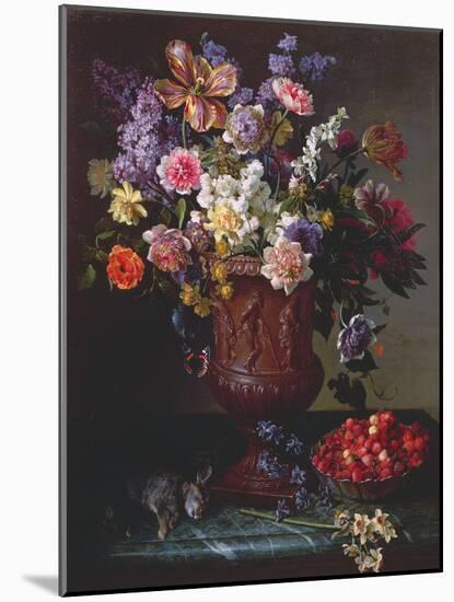 Flowers in a Sculpted Urn with a Bowl of Wild Strawberries and Hare on a Ledge, 1715-Alexandre-Francois Desportes-Mounted Giclee Print