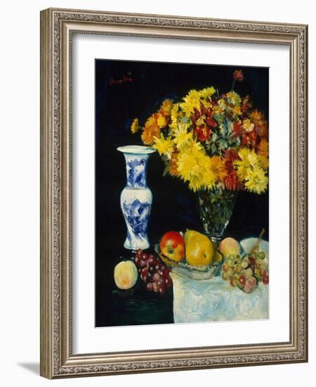 Flowers in a Vase and Fruit, C.1897-1931 (Oil on Canvas)-George Leslie Hunter-Framed Giclee Print