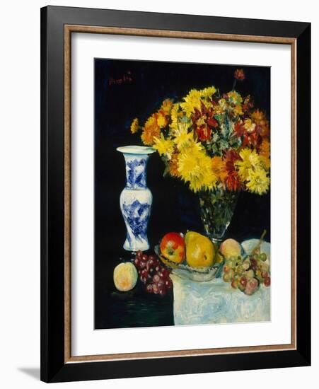 Flowers in a Vase and Fruit, C.1897-1931 (Oil on Canvas)-George Leslie Hunter-Framed Giclee Print