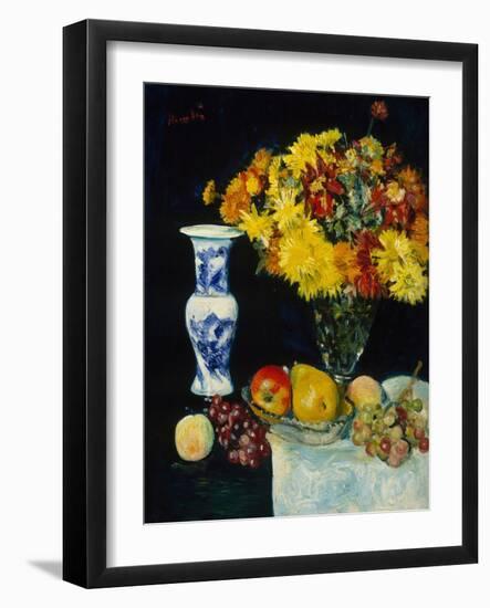 Flowers in a Vase and Fruit, C.1897-1931 (Oil on Canvas)-George Leslie Hunter-Framed Giclee Print