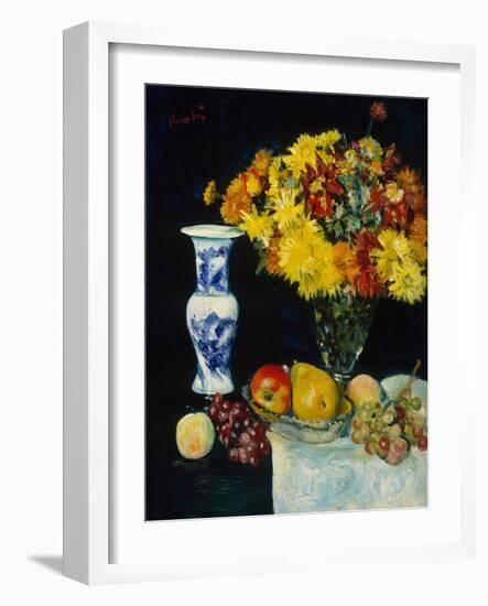 Flowers in a Vase and Fruit, C.1897-1931 (Oil on Canvas)-George Leslie Hunter-Framed Giclee Print