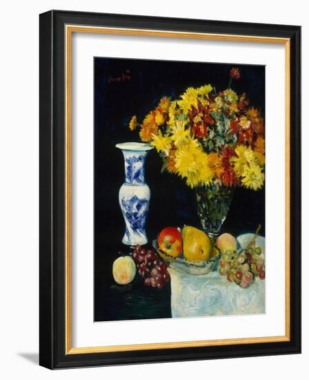 Flowers in a Vase and Fruit, C.1897-1931 (Oil on Canvas)-George Leslie Hunter-Framed Giclee Print