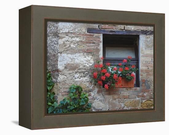 Flowers in a Window In a Tuscan Village, San Quirico d'Orcia, Italy-Dennis Flaherty-Framed Premier Image Canvas