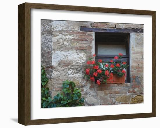 Flowers in a Window In a Tuscan Village, San Quirico d'Orcia, Italy-Dennis Flaherty-Framed Photographic Print