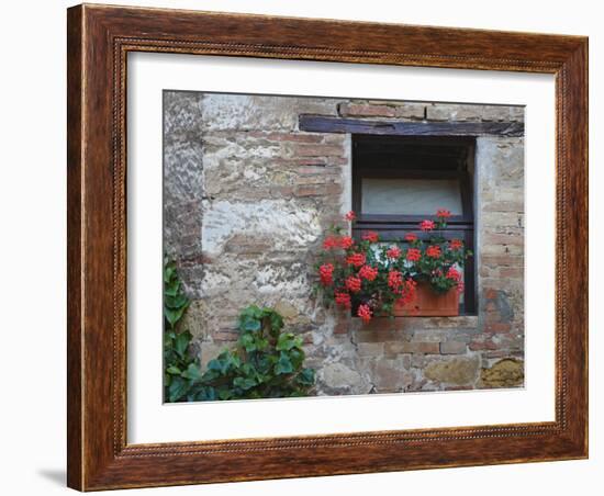 Flowers in a Window In a Tuscan Village, San Quirico d'Orcia, Italy-Dennis Flaherty-Framed Photographic Print