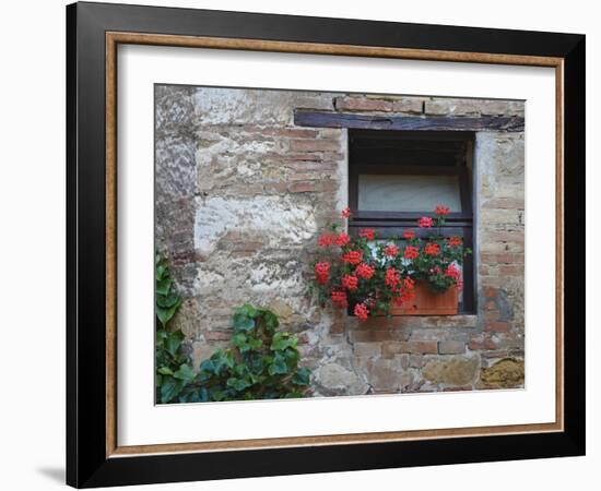 Flowers in a Window In a Tuscan Village, San Quirico d'Orcia, Italy-Dennis Flaherty-Framed Photographic Print