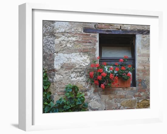 Flowers in a Window In a Tuscan Village, San Quirico d'Orcia, Italy-Dennis Flaherty-Framed Photographic Print