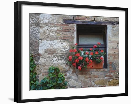 Flowers in a Window In a Tuscan Village, San Quirico d'Orcia, Italy-Dennis Flaherty-Framed Photographic Print