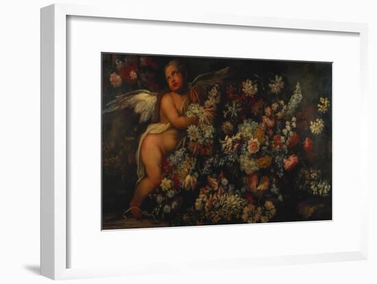 Flowers in and around a Basket with a Winged Putto Making a Garland-Felice Fortunato Biggi-Framed Giclee Print