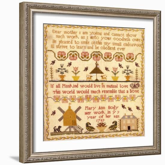 Flowers in Pots, A Windmill and a House with a Poem by Mary Ann Body to Her Mother Sampler-Body Mary Ann-Framed Giclee Print