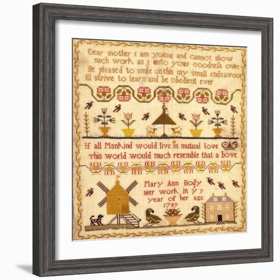 Flowers in Pots, A Windmill and a House with a Poem by Mary Ann Body to Her Mother Sampler-Body Mary Ann-Framed Giclee Print