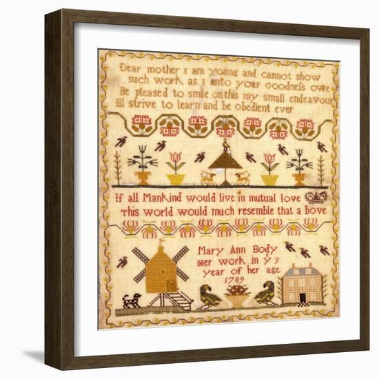 Flowers in Pots, A Windmill and a House with a Poem by Mary Ann Body to Her Mother Sampler-Body Mary Ann-Framed Giclee Print