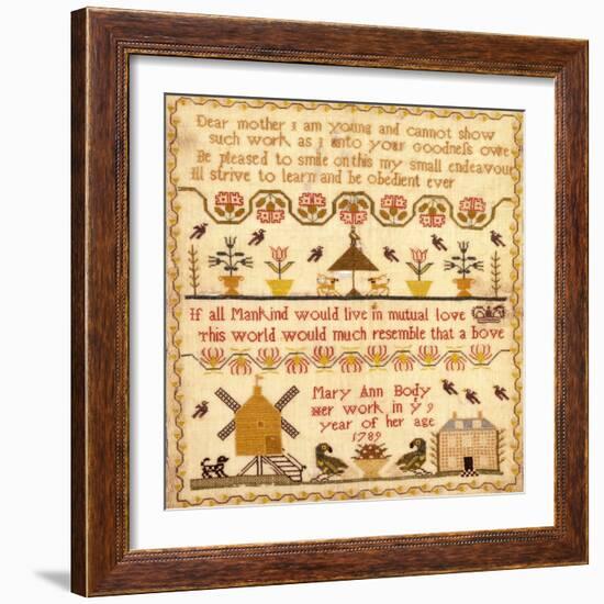 Flowers in Pots, A Windmill and a House with a Poem by Mary Ann Body to Her Mother Sampler-Body Mary Ann-Framed Giclee Print