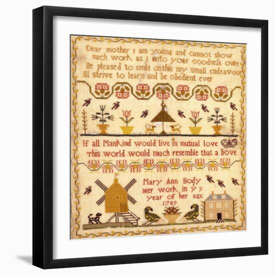 Flowers in Pots, A Windmill and a House with a Poem by Mary Ann Body to Her Mother Sampler-Body Mary Ann-Framed Giclee Print