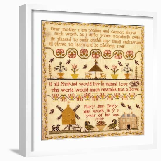 Flowers in Pots, A Windmill and a House with a Poem by Mary Ann Body to Her Mother Sampler-Body Mary Ann-Framed Giclee Print