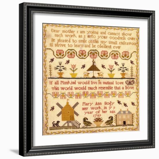 Flowers in Pots, A Windmill and a House with a Poem by Mary Ann Body to Her Mother Sampler-Body Mary Ann-Framed Giclee Print