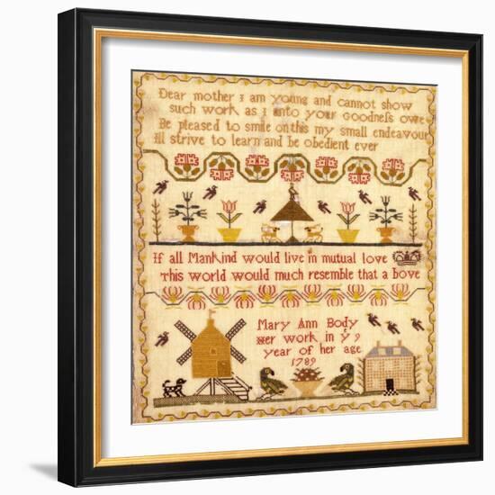 Flowers in Pots, A Windmill and a House with a Poem by Mary Ann Body to Her Mother Sampler-Body Mary Ann-Framed Giclee Print