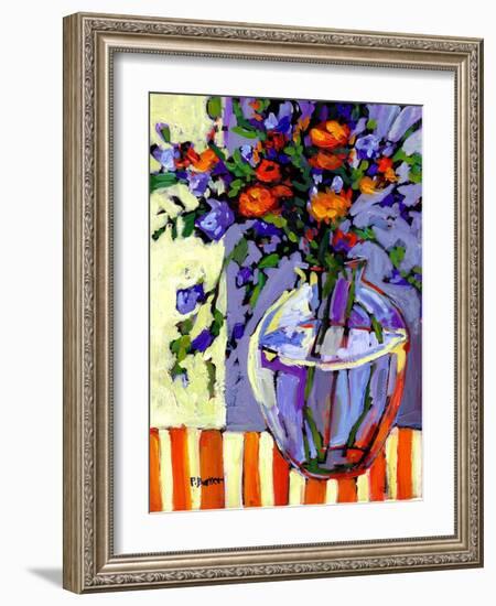 Flowers on a Striped Tablecloth-Patty Baker-Framed Art Print