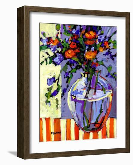 Flowers on a Striped Tablecloth-Patty Baker-Framed Art Print