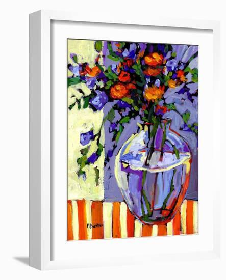 Flowers on a Striped Tablecloth-Patty Baker-Framed Art Print