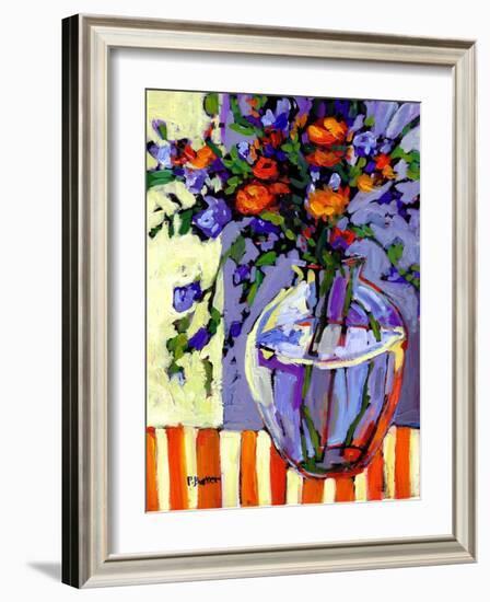 Flowers on a Striped Tablecloth-Patty Baker-Framed Art Print