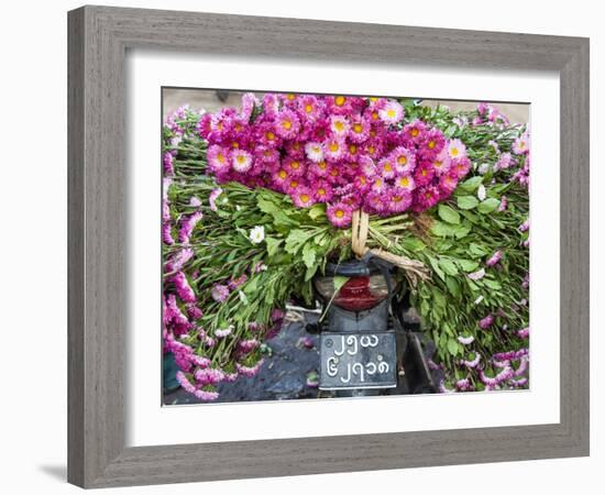 Flowers on Back of Motorcycle, Market, Mandalay, Myanmar (Burma)-Peter Adams-Framed Photographic Print