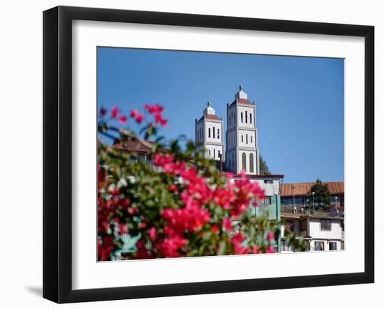 Flowers with church in the background, St. Vincent Ferrer Church, Baguio City, Luzon, Philippines-null-Framed Photographic Print