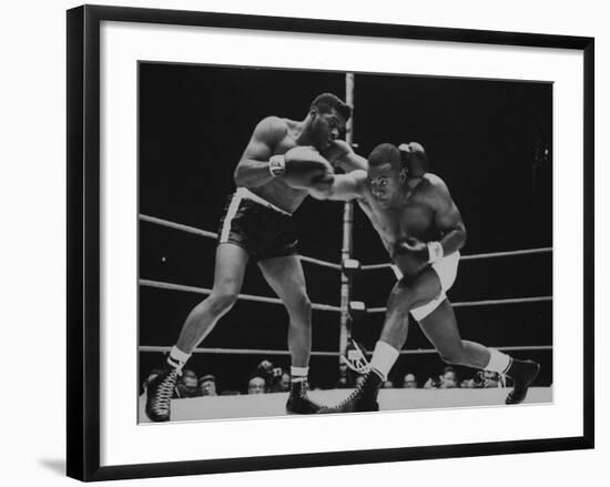 Floyd Patterson, and Sonny Liston During Championship Fight in Won by Liston in 1 1/2 Minutes-George Silk-Framed Premium Photographic Print