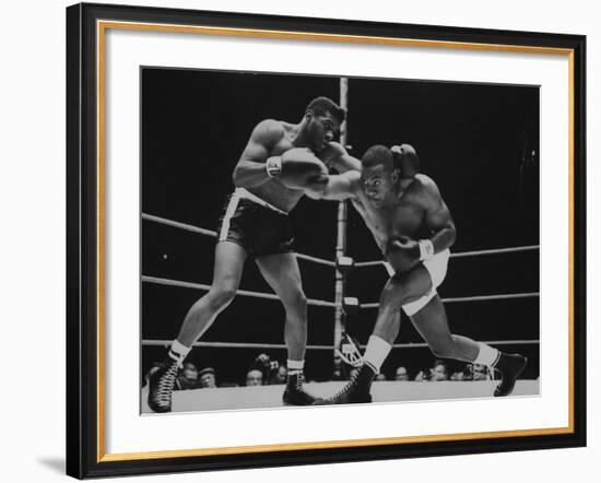 Floyd Patterson, and Sonny Liston During Championship Fight in Won by Liston in 1 1/2 Minutes-George Silk-Framed Premium Photographic Print