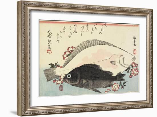 Fluke and Black Bass, Cherry Blossoms-Utagawa Hiroshige-Framed Giclee Print