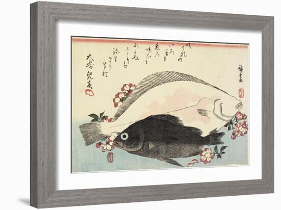 Fluke and Black Bass, Cherry Blossoms-Utagawa Hiroshige-Framed Giclee Print
