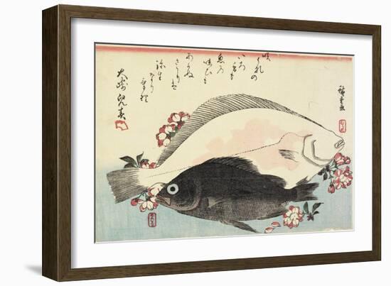 Fluke and Black Bass, Cherry Blossoms-Utagawa Hiroshige-Framed Giclee Print