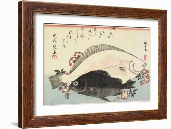 Fluke and Black Bass, Cherry Blossoms-Utagawa Hiroshige-Framed Giclee Print