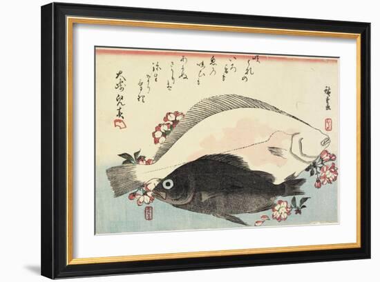 Fluke and Black Bass, Cherry Blossoms-Utagawa Hiroshige-Framed Giclee Print