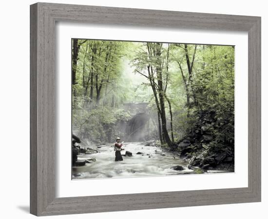 Fly Fisherman Near a Stone Bridge-null-Framed Photographic Print