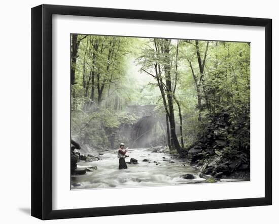 Fly Fisherman Near a Stone Bridge-null-Framed Photographic Print