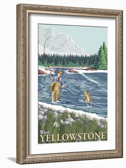 Fly Fisherman, West Yellowstone, Montana-Lantern Press-Framed Art Print