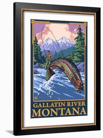 Fly Fishing Scene, Gallatin River, Montana-Lantern Press-Framed Art Print