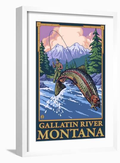 Fly Fishing Scene, Gallatin River, Montana-Lantern Press-Framed Art Print