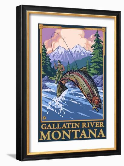 Fly Fishing Scene, Gallatin River, Montana-Lantern Press-Framed Art Print